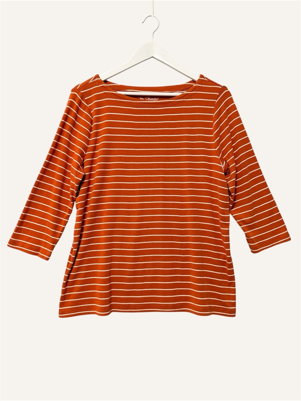Chico's Striped Boat Neck 3/4 Sleeve Tee Size (2) Large Rust White 100% Cotton